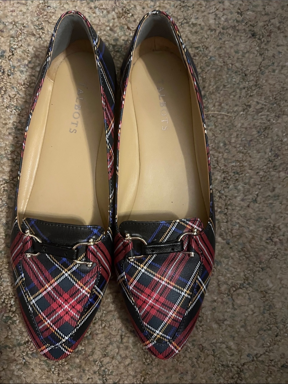 Talbots Red and Navy Plaid Pointed Loafers with Gold Accent